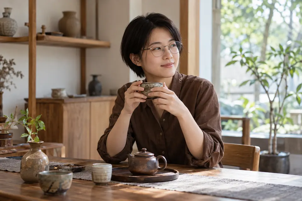 陶器茶具与品饮场景，示意慢节奏的休息体验